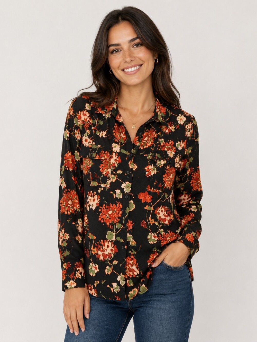 Investments Womens XL Floral Button Down Blouse Black Orange Long Sleeve NWT